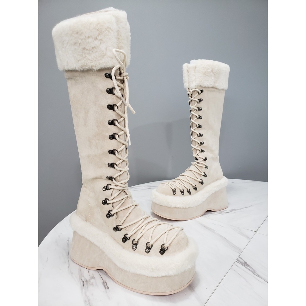 Current Mood Faux Fur Platform Boots Lace‎ Up Y2K Snow Bunny Rave Festival